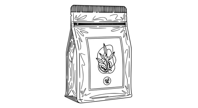 Bag coffee packaging with leaf logo and zipper seal on top, illustrated in black lines featuring illustration, grocery,