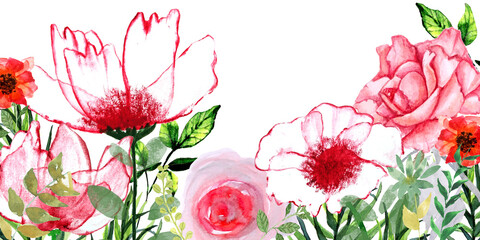 Banner con grandi fiori rossi e foglie, illustrazione ad acquerello isolata © sommaria
