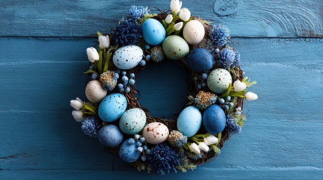 easter door wreath blue on a blue background