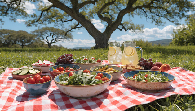 Outdoor picnic table with fresh salads, vegetables and drinks under tree in sunny countryside. Healthy food, summer gathering, family meal and lifestyle concept.