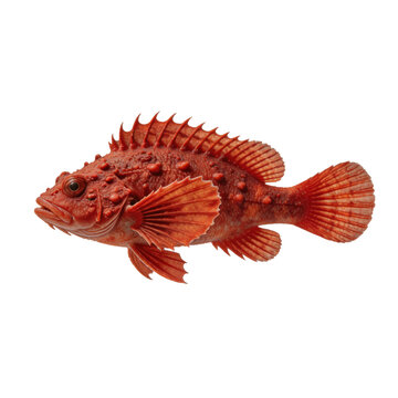 Red scorpionfish with spiky fins and bumpy skin is isolated against a clean white background, showcasing its vibrant orange and crimson coloration.