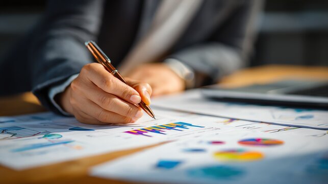 A close-up view of a professional analyzing colorful charts and graphs on paper. The individual uses a pen to highlight data, showcasing a focus on strategy and insights.