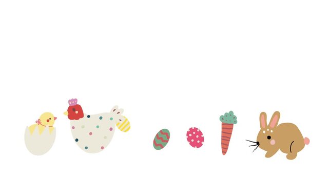 Animated cartoon easter bunny chick eggs and carrot in row smiling pastel characters festive spring holiday cheerful playful mood