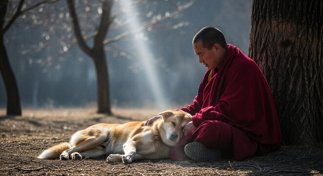 Monk in red robe relaxing and petting dog under tree with sunlight  