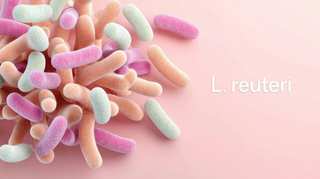 A wide medical illustration showing rod shaped bacteria in a gut environment. At the top center, there is a MASSIVE, prominent title text "L