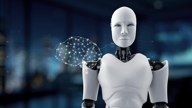 A humanoid robot engages with digital data displays, symbolizing the intersection of artificial intelligence and technology in a sleek, modern setting. Synapse