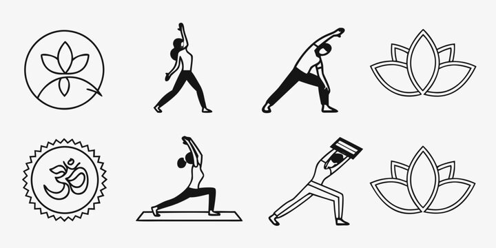 Yoga and meditation with lotus flower and om symbol line lotus flower people