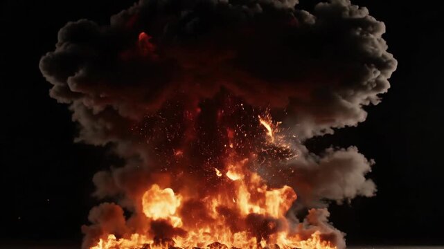 Massive explosion with fire and smoke rising into the dark sky