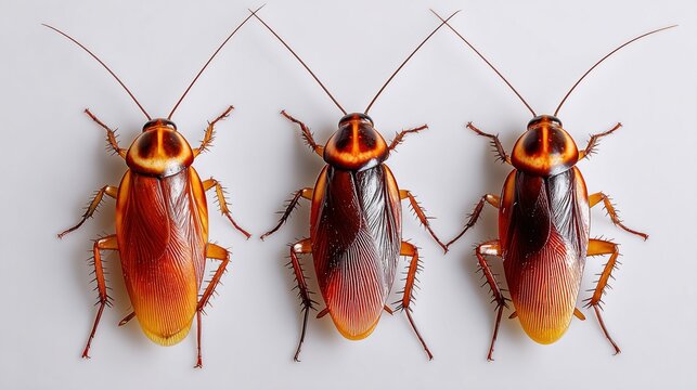 Top view of three brown cockroaches aligned on clean white background