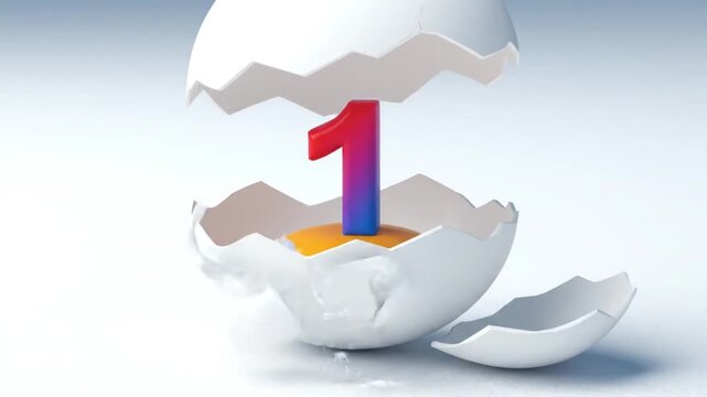 Cracked eggshell sequence reveals number one inside