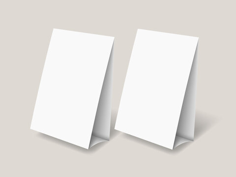 Table tent mockup. Table tent template. White blank paper countertop pop banner stand.  Desktop promotional display.
