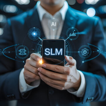 Businessman in suit holding smartphone with floating SLM and AI icons &mdash; customer relationship management and service lifecycle visualization