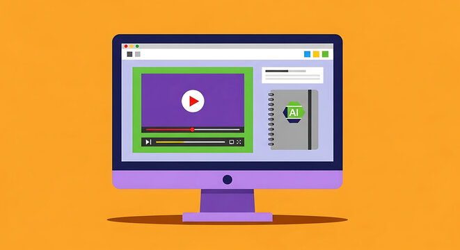 A computer monitor displays a video editing software interface with a purple video frame on an orange background with a computer screen