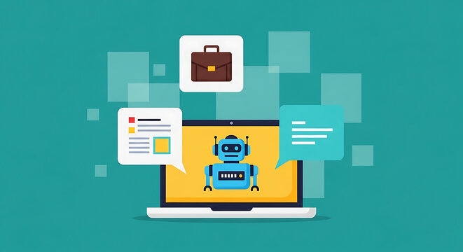 A robot on a laptop screen displays information with a briefcase and speech bubbles.