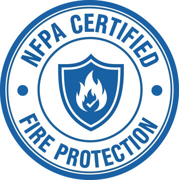 NFPA certified fire protection badge emblem with shield and flames representing safety and emergency response