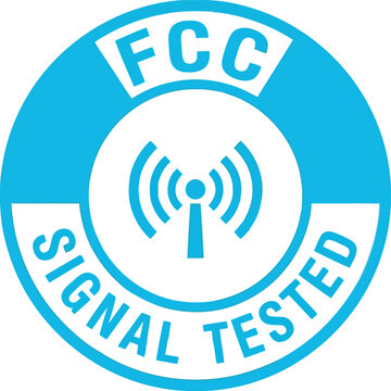Light blue circular stamp with text fcc signal tested and antenna symbol with radio waves, indicating electronic signal testing and certification