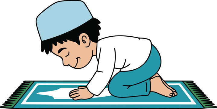 Cute Muslim boy character praying on a prayer mat in prostration position for Islamic education and religious celebration designs.