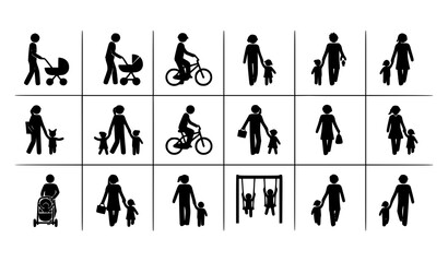 Parent and child activity icon pack with strollers, bike teaching, swinging, and hand-holding in black silhouette vector © ema