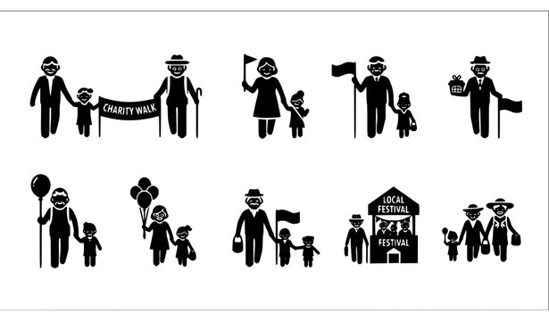 Family event and festival icon pack with parents, grandparents, and kids in charity walks, fairs, and local celebrations black silhouette vector