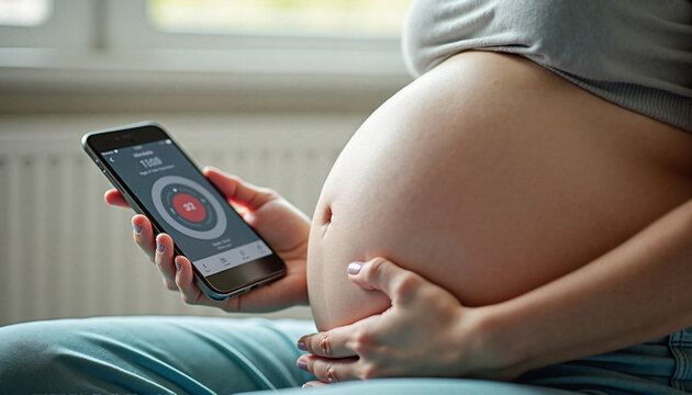 Pregnant woman tracking contractions with mobile app before labor
