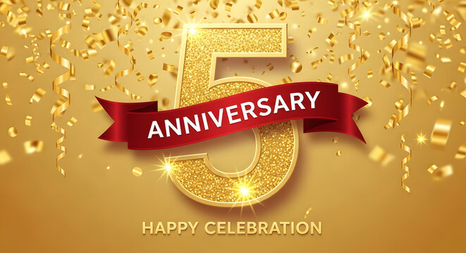 Happy 5th anniversary celebration with gold confetti