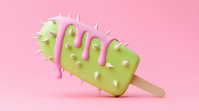 surreal popsicle shaped like a cactus with edible spikes, dripping pink and green glaze, studio background, playful and bizarre food, high detail