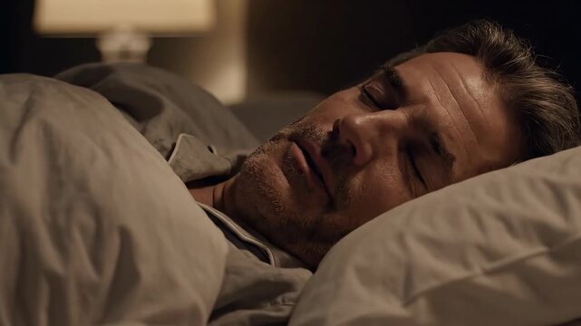 Mature Man Sleeping Peacefully in Comfortable Bed at Night
