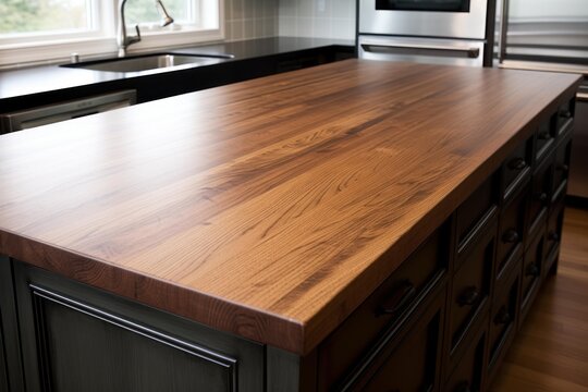 Kitchen island featuring a solid walnut butcher block countertop and dark custom cabinetry in a modern interior