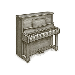 Classic upright piano engraving illustration. Scratchboard imitation. Black and white image. flat vector © kmhbDOes