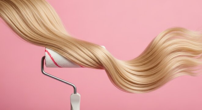 Blonde hair dye concept with paint roller on pink background