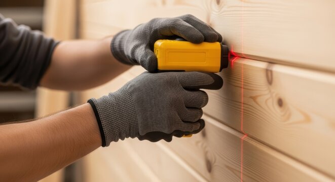 Carpenter using laser level on wood wall precise measurement tools