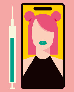 Aesthetic medicine concept with smartphone, female face, lip augmentation and dermal filler