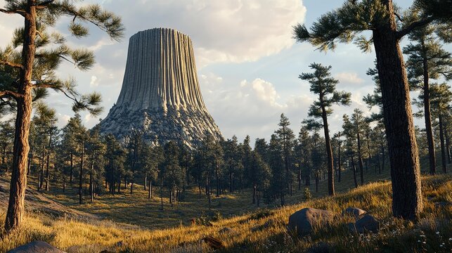 Devils tower surrounded by pine trees in a serene natural landscape with a cloudy sky