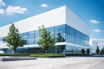 Obraz premium Modern office building featuring a glass facade and reflective windows under a clear sky