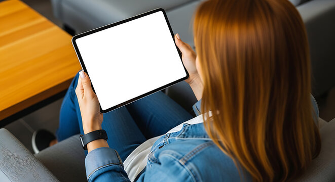 Young woman with red hair using a tablet computer with a blank white screen, seated comfortably on a grey sofa