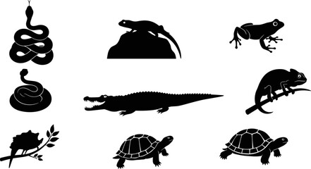 Obraz premium Black reptile and amphibian silhouette collection featuring snake, crocodile, turtle, frog, lizard, and chameleon icons isolated on white background for nature wildlife graphic design vector elements.