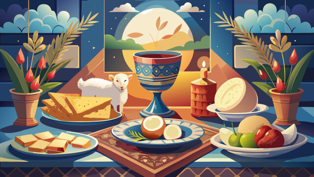 Vector illustration of a seder table with food and a lamb for Passover
