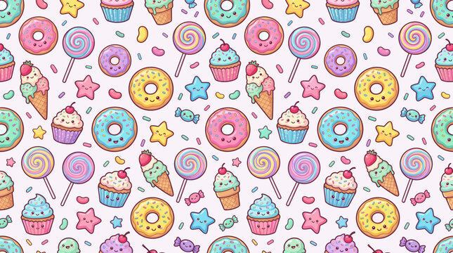 A cute seamless pattern of colorful kawaii sweets including donuts, cupcakes, and lollipops on a light background.