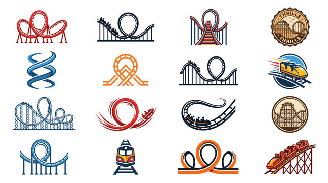 Collection of roller coaster icons, featuring various designs and track layouts, including loops, spirals, and wooden structures.