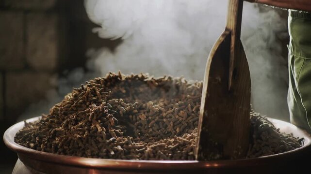 Artisan hand stirs aromatic botanical leaves in a steaming copper cauldron, a timeless craft unfolding
