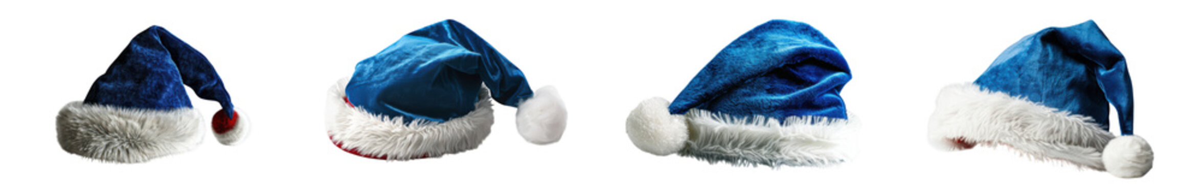 Set of blue santa claus hats isolated on transparent background