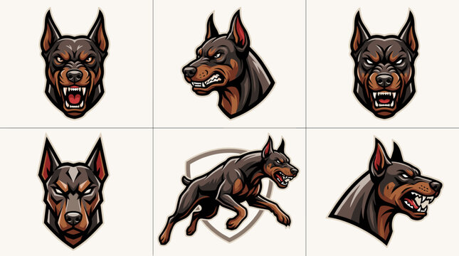 A collection of stylized illustrations depicting the head and body of a Doberman Pinscher, showcasing various expressions.
