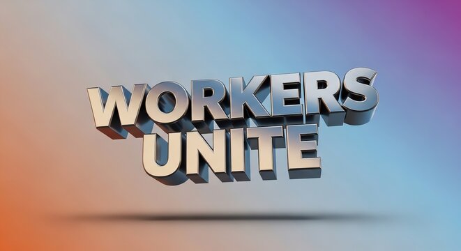 A 3D rendering of the phrase 'Workers Unite' in bold, metallic letters on a colorful gradient background