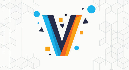 A large stylized letter v with colorful shapes