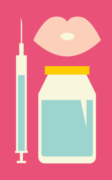 Blue hyaluronic acid in syringe with lips, cosmetic injection concept