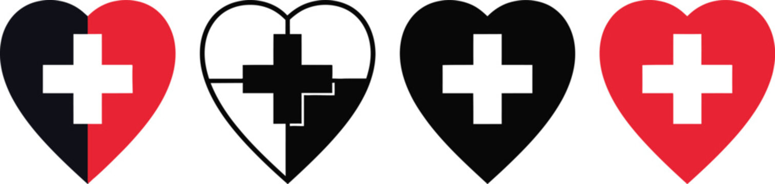 Heart shaped swiss cross symbols in various color combinations