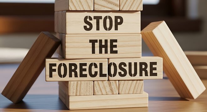 Wooden Blocks with Foreclosure Warning Message.