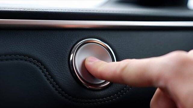 Closeup of finger pressing a car interior button on a black leather panel