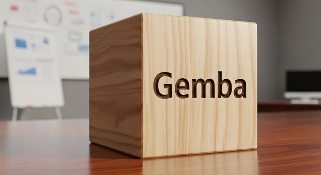 Wooden Cube with Gemba Text on Table.