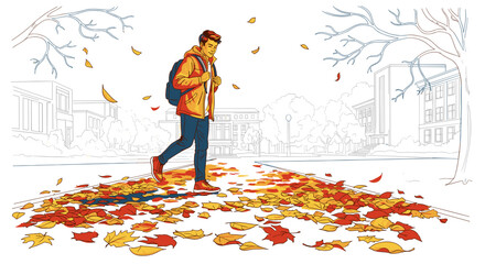 Young man walking while talking on phone amid autumn leaves on campus